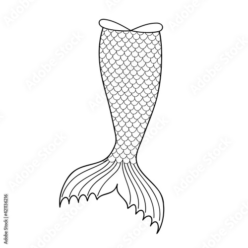 Hand drawn mermaid tail silhouette isolated on white background. Outline element for sea party, greeting or invitation card. Design for clothing print. Doodle vector illustration.