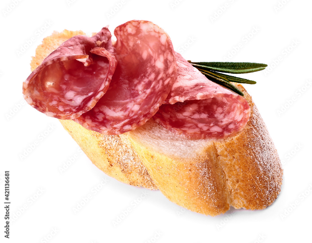 Obraz premium Tasty sandwich with salami on white background