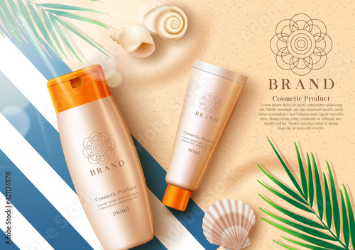 Cosmetics sunscreen product vector banner template. Cosmetic mock up sunblock products with summer elements in sand background for skin sun protection leaflet advertisement design. Vector illustration