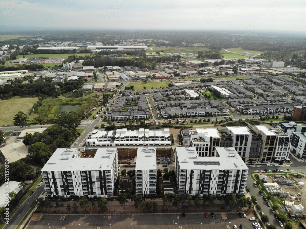 Aerial image of modern apartment buildings and housing estate.