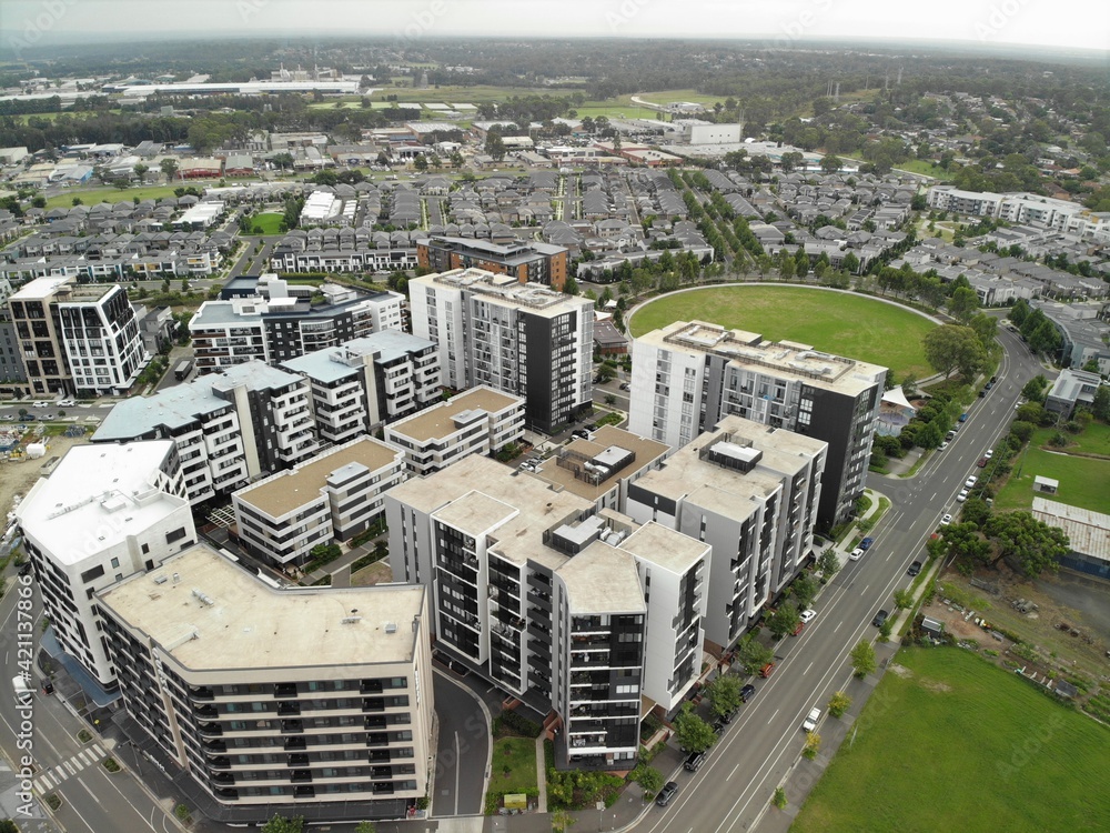 Aerial image of modern apartment buildings and housing estate.