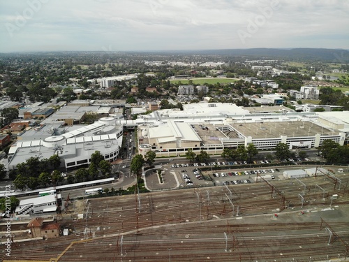 Aerial image of the Penrith Central Business District on an overcast day.