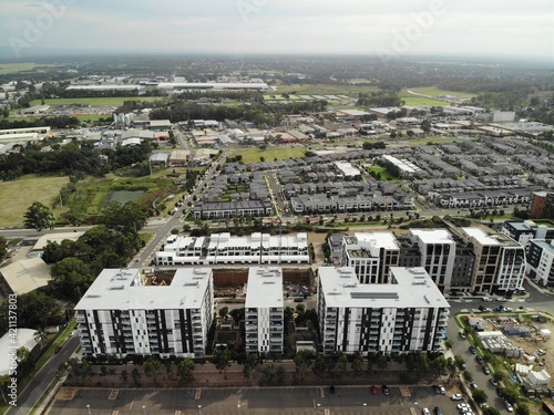 Aerial image of modern apartment buildings and housing estate.