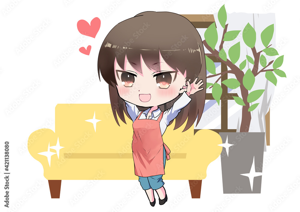 イラスト素材 奇麗に片付いた部屋に大満足な笑顔の女性 Stock Illustration Adobe Stock