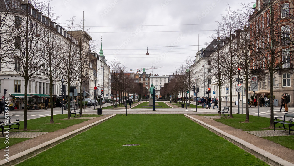 Elegant lawn and historic tenement houses in the heart of Copenhagen