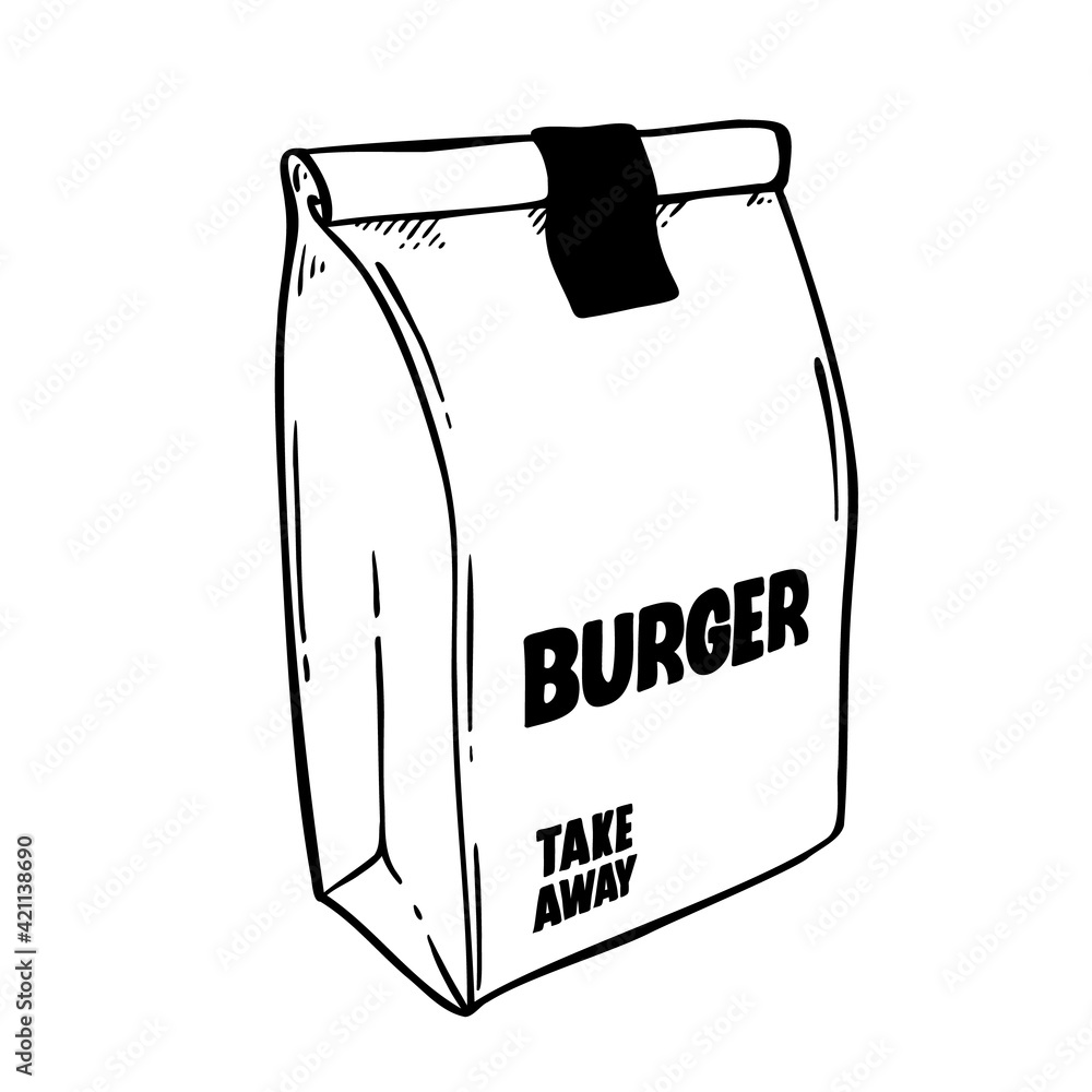 Takeaway packaging, hand drawn burger bag from a hipster restaurant