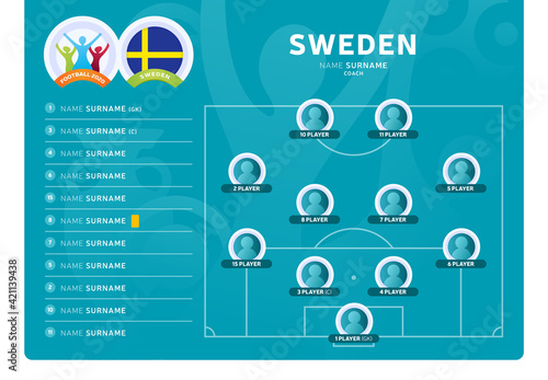Sweden line-up Football 2020 tournament final stage vector illustration. Country team lineup table and Team Formation on Football Field. 2020 soccer tournamet Vector country flags.