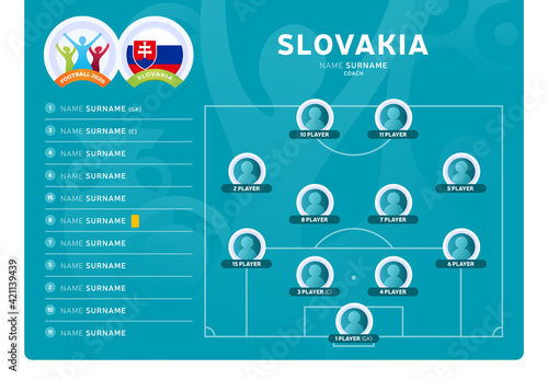 Slovakia line-up Football 2020 tournament final stage vector illustration. Country team lineup table and Team Formation on Football Field. 2020 soccer tournamet Vector country flags.