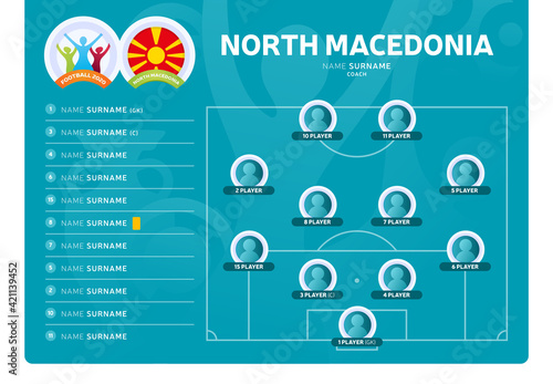 North macedonia line-up Football 2020 tournament final stage vector illustration. Country team lineup table and Team Formation on Football Field. 2020 soccer tournamet Vector country flags.