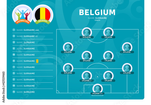 Belgium line-up Football 2020 tournament final stage vector illustration. Country team lineup table and Team Formation on Football Field. 2020 soccer tournamet Vector country flags.