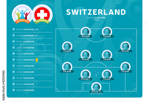 Switzerland line-up Football 2020 tournament final stage vector illustration. Country team lineup table and Team Formation on Football Field. 2020 soccer tournamet Vector country flags.
