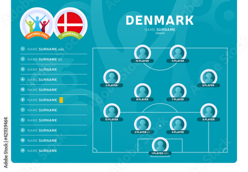 Denmark line-up Football 2020 tournament final stage vector illustration. Country team lineup table and Team Formation on Football Field. 2020 soccer tournamet Vector country flags.