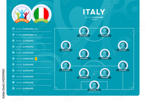 Italy line-up Football 2020 tournament final stage vector illustration. Country team lineup table and Team Formation on Football Field. 2020 soccer tournamet Vector country flags.