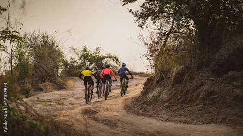 Group of Asian cyclists, they cycle through rural and forest roads. © torwaiphoto