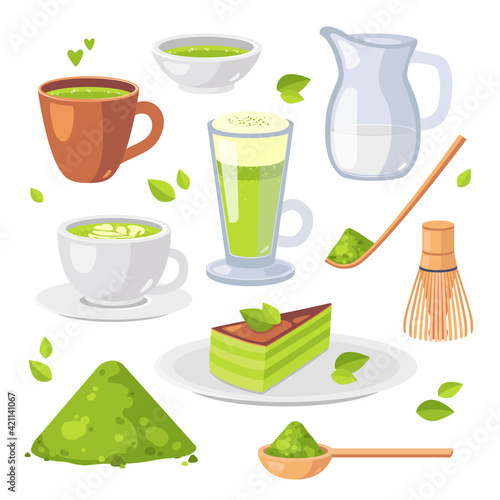 Japanese ethnic and national tea ceremony. Collection of matcha tea products. Matcha powder, tea cup, bamboo spoon, biscuit, chasen, cha shaku, chawan, latte cups, glass milk jug. Cartoon vector set.
