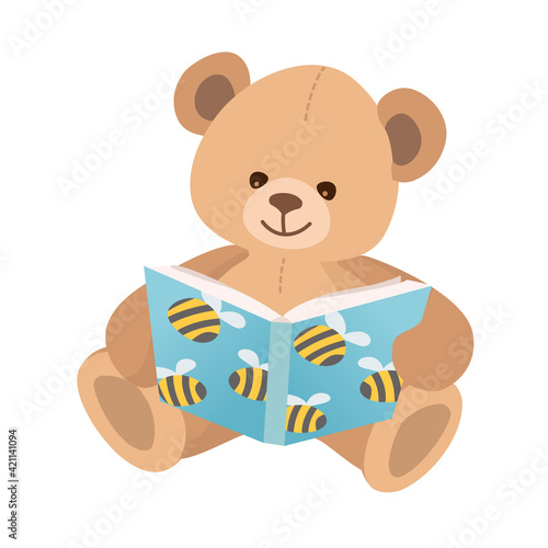 Cute teddy bear with a book about bees. Learn to read. Back to school. 