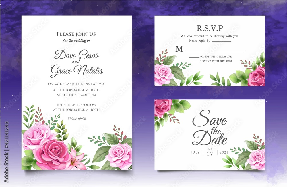 Hand drawing floral wedding invitation template