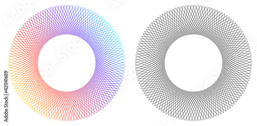 Design elements. Wave of many purple lines circle ring. Abstract vertical wavy stripes on white background isolated. Vector illustration EPS 10. Colourful waves with lines created using Blend Tool