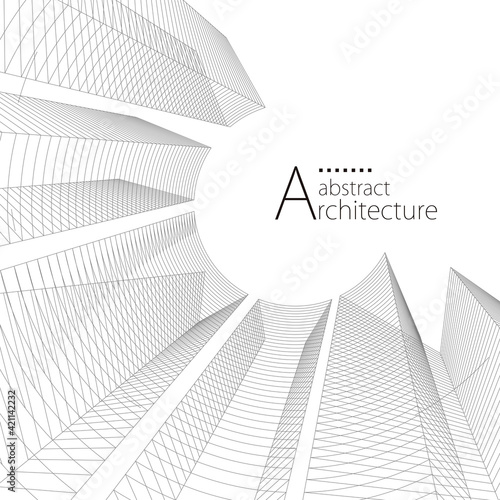 Modern architecture urban 3D illustration. Architecture building construction perspective line drawing design abstract background.