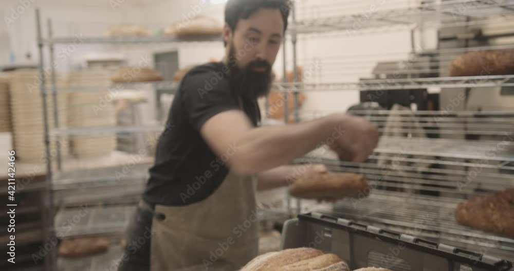 Busy Bearded male baker wearing apron in bakery packing bread for delivery