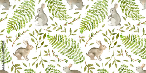 Rabbits seamless pattern on white. Forest animals ornament for fabric, wallpaper and wrapping paper. Spring easter background. Fern, branches and leaves