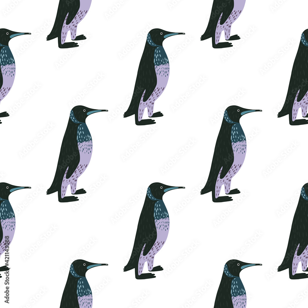 Naklejka premium Isolated seamless pattern with doodle funny penguin ornament. WHite background. Exotic zoo backdrop.