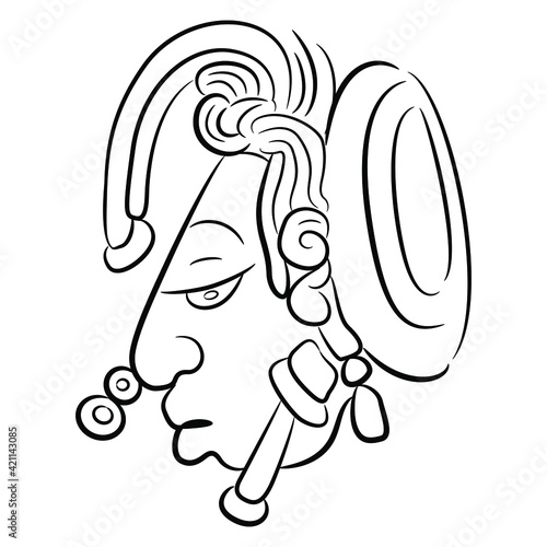 Head in profile of ancient Mayan man. Native American Indian art of ancient Mexico or Guatemala. Black and white linear silhouette.