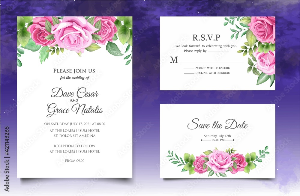 Hand drawing floral wedding invitation template