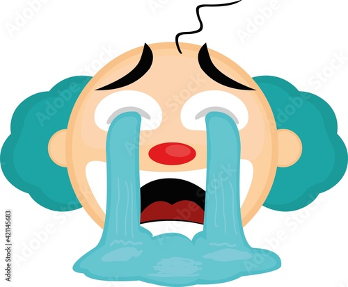 Vector illustration of an emoticon head of a cartoon clown with a sad expression and crying