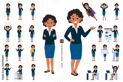 African business woman character set 6 in five head to body ratio scale. Working and general situation pose of staff.