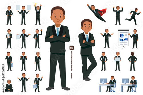 businessman character set 5 in five head to body ratio scale. Working and general situation pose of African staff.