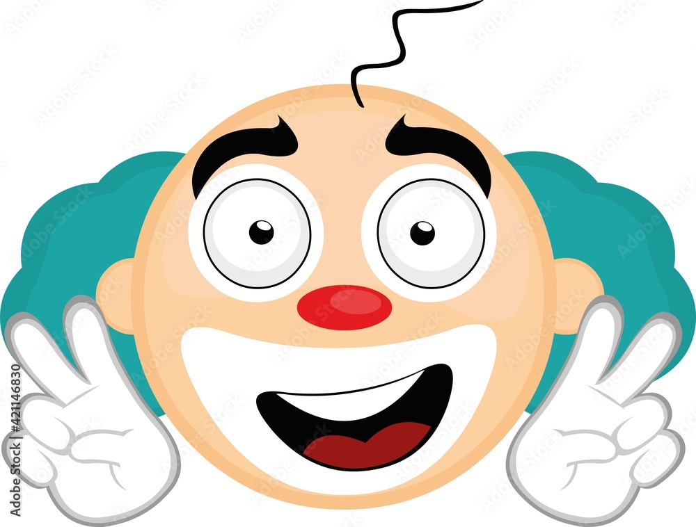 Obraz premium Vector illustration of the head of a cartoon clown with a happy expression making a gesture with his hands of the symbol of peace and love