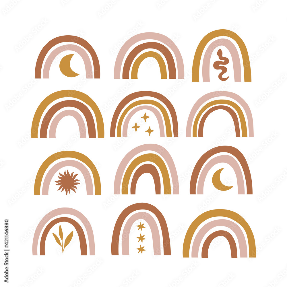 Obraz premium Celestial, mystical modern rainbow vector set. Moon, stars, moon phase, sun, snake. Boho Illustration isolated on white. Wall art, t shirt print, card, poster for nursery room, kids and baby clothes