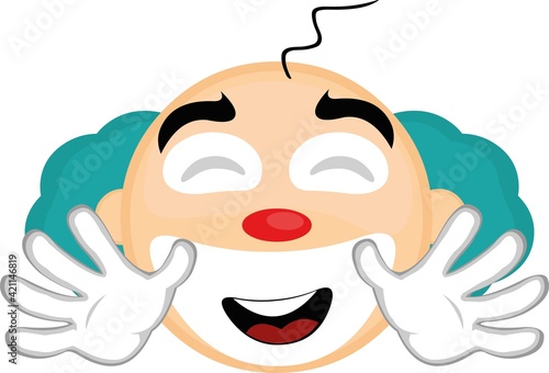 Vector emoticon illustration of the head of a cartoon clown with a happy expression and greeting with his hands