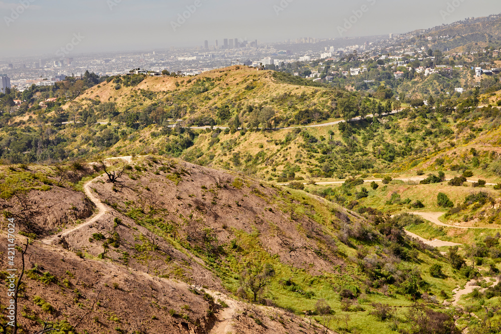 Hollywood hills with curving hiking paths and the city of Los Angeles CA in the background