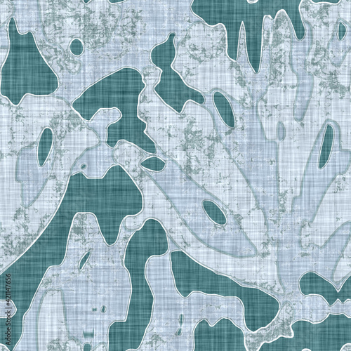 Aegean teal mottled seaweed linen texture background. Summer coastal living style 2 tone fabric effect. Sea green wash distressed grunge material. Decorative kelp motif textile seamless pattern 