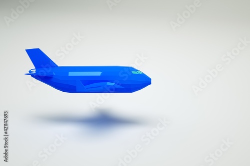 Model of an airplane in the air. 3D model of an airplane on a white background. Flying plane. Computer graphics. Isolated blue plane on white background. Side view.