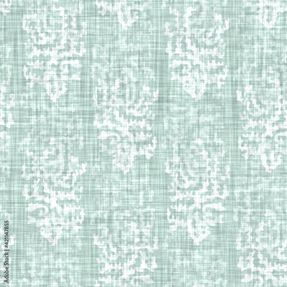Aegean teal mottled flower linen texture background. Summer coastal living style 2 tone fabric effect. Sea green wash distressed grunge material. Decorative floral motif textile seamless pattern 
