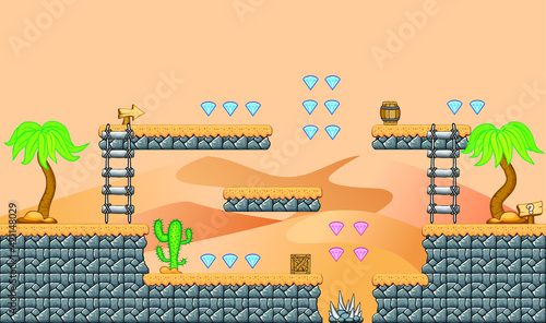 A set of layered vector game background, 
ground tiles and several items, objects, decorations, 
used for creating mobile games