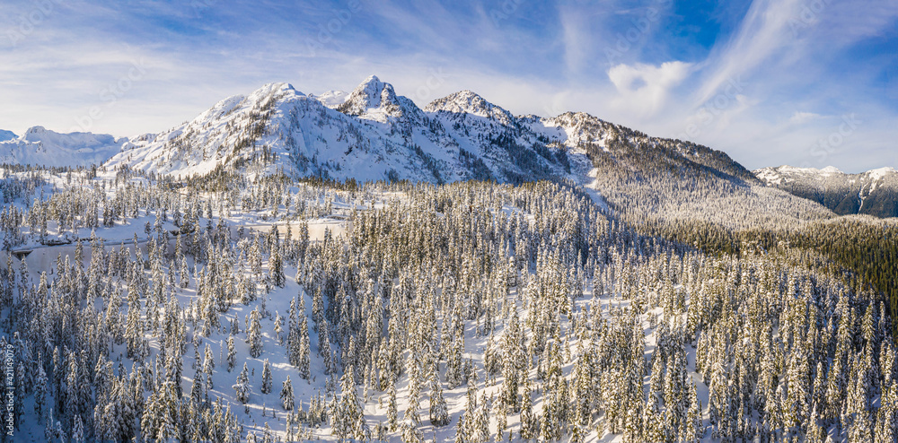 A panoramic image of Mt Baker in the North Cascade Mountains
