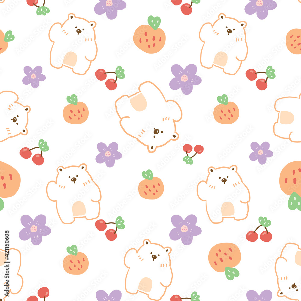 Fototapeta premium Seamless Pattern with Cartoon Bear, Cherry, Flower, Strawberry Illustration Design on White Background