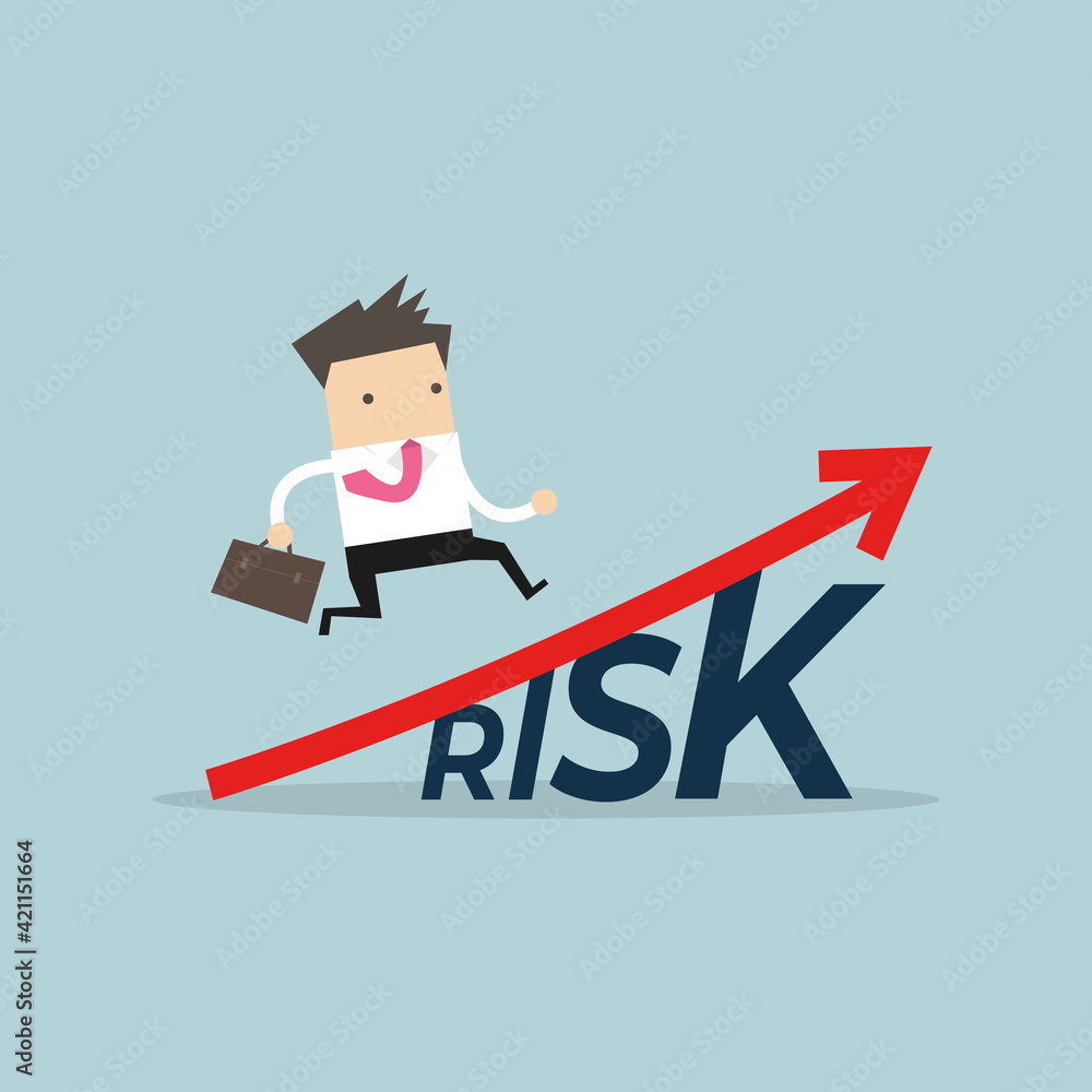 Businessman walking on grow up stock market graph above the word Risk. Businessman walking on grow up stock market graph above the word Risk.