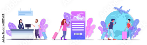 set men women travelers with luggage ticket purchase airline tickets customer service travel concepts collection full length horizontal