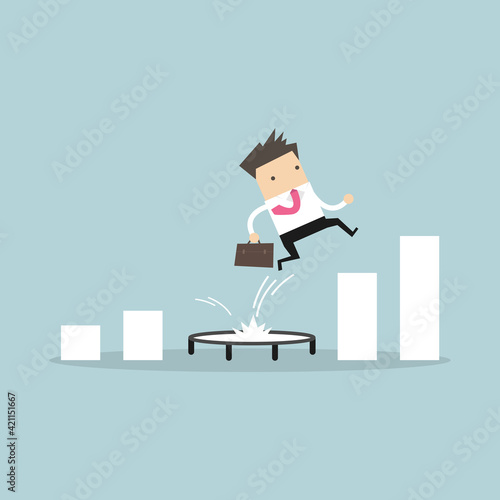 Businessman jumping from trampoline back to top of growing bar graph.