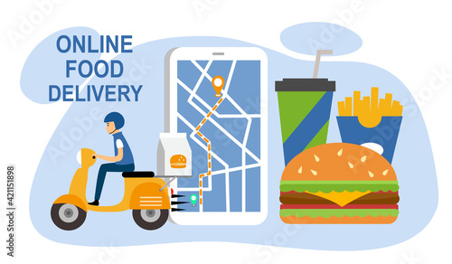 Online food delivery service vector illustration. Fast food, grab food, Uber eat design template for banner, poster. Delivery man driving scooter with smartphone and hamburger, French fried and drink.
