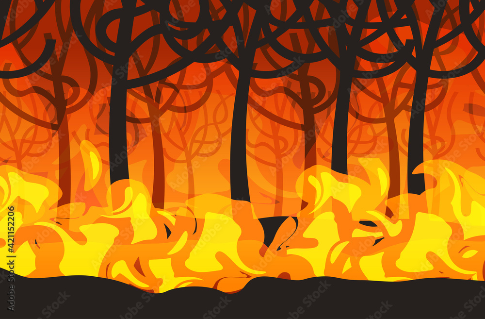 dangerous wildfire bush fire development dry woods burning trees global warming natural disaster concept intense orange flames horizontal