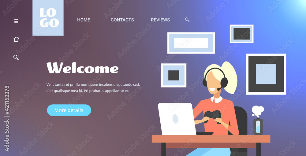 girl blogger commentating game process video review blogging live streaming concept gamer in headphones using gamepad playing games on laptop portrait horizontal copy space girl blogger commentating game process video review blogging live streaming concept gamer in headphones using gamepad playing games on laptop portrait horizontal copy space