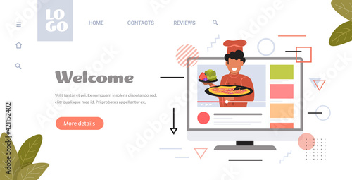 food blogger in uniform cooking pizza male chef recording video blog live streaming blogging concept man vlogger explaining how to cook a dish monitor screen horizontal copy space portrait
