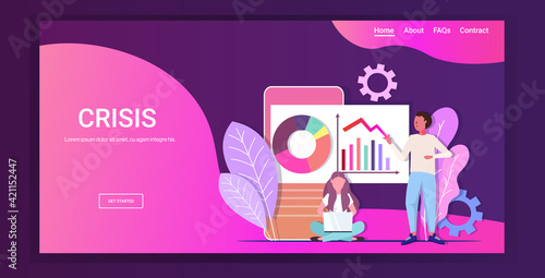 stressed businesspeople analyzing downward chart diagram economic arrow falling down financial crisis bankruptcy concept horizontal copy space full length