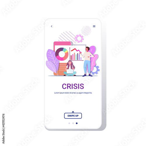 stressed businesspeople analyzing downward chart diagram economic arrow falling down financial crisis bankruptcy concept smartphone screen mobile app copy space full length